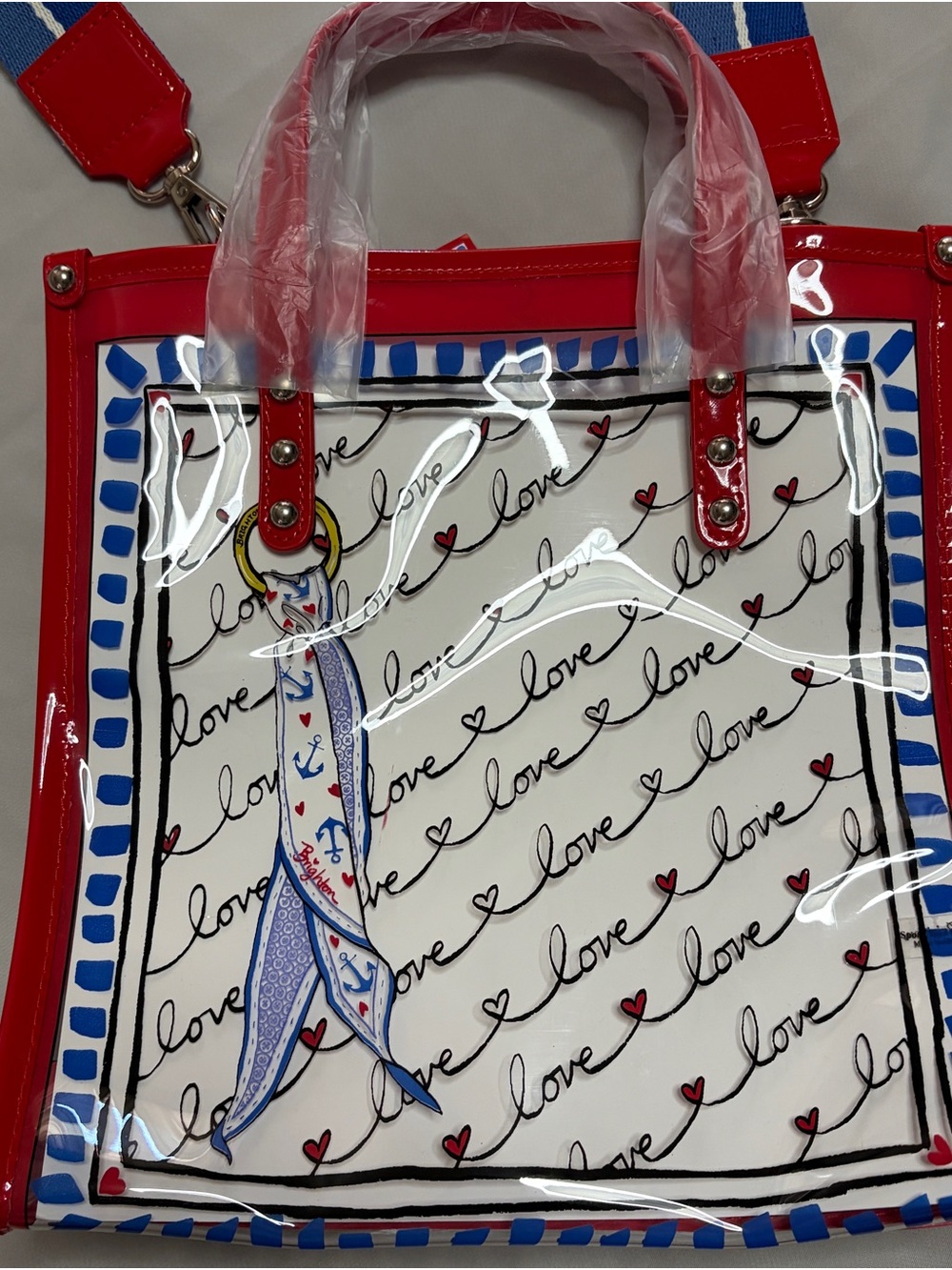 Brighton Striped Love Vinyl Tote Crossbody Bag Red Blue NWT - Picture 7 of 13